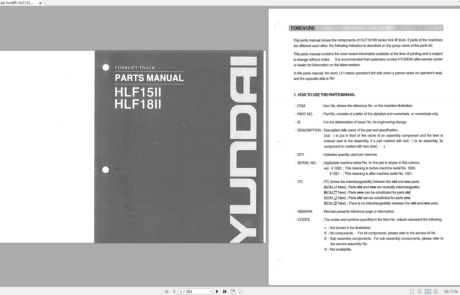 Hyundai Forklift HLF15II HLF18II Parts Manual 1