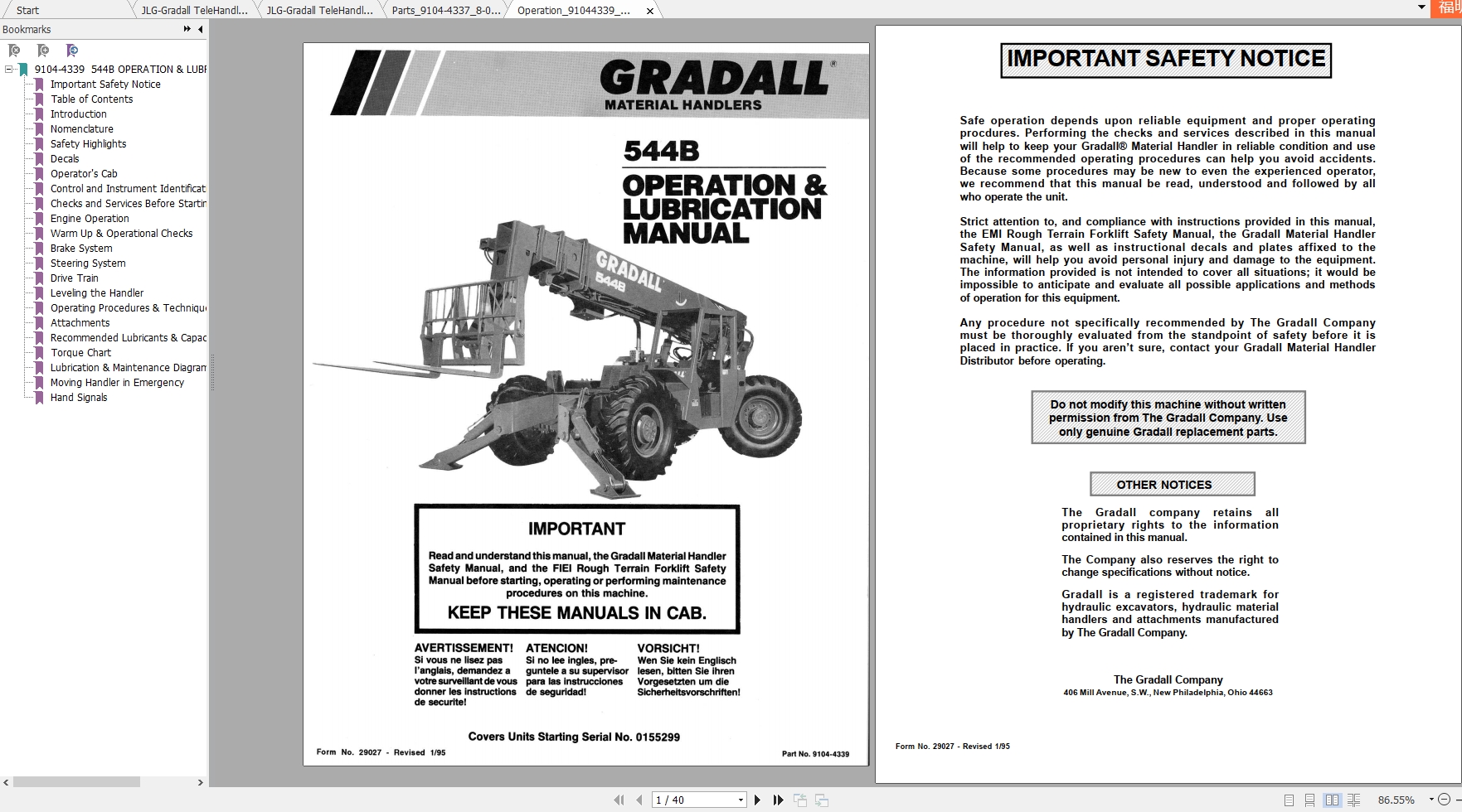 JLG Gradall TeleHandler 534B Operators Service Parts Manuals 1