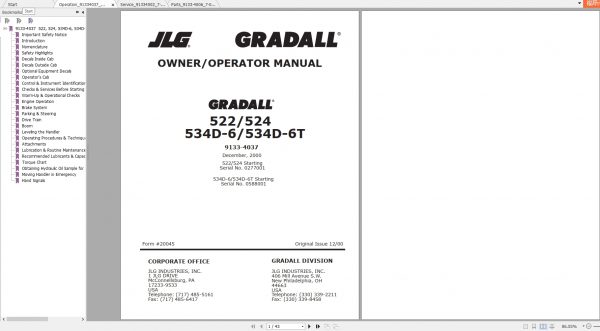 JLG Gradall TeleHandler 534D6 534D6T Operators Service Parts Manuals 1