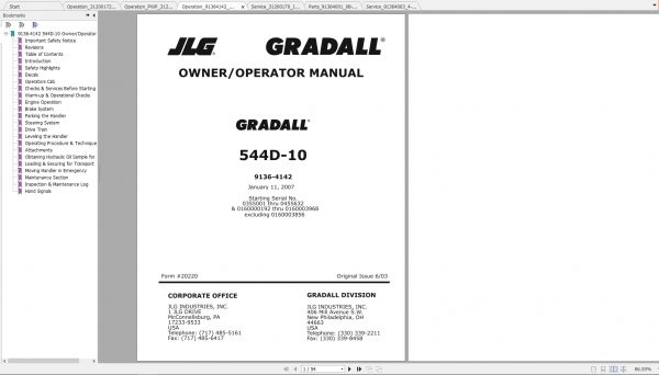 JLG Gradall TeleHandler 544D 10 Operators Service Parts Manuals 1