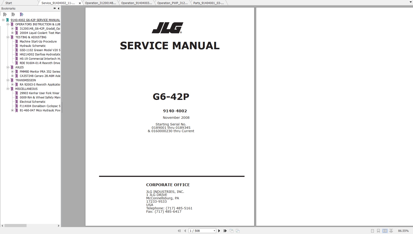 JLG Gradall TeleHandler G6 42P Operators Service Parts Manuals 1