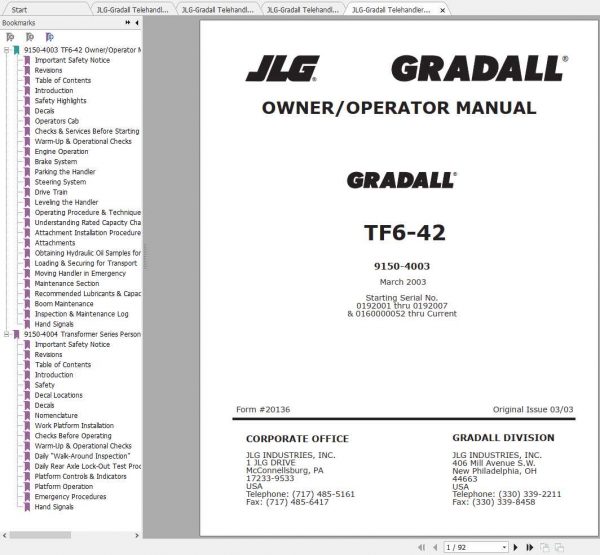 JLG Gradall Telehandler TF6 42 Operation Service Parts Manuals 1