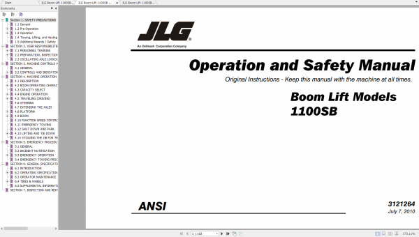 JLG Boom Lift 1100SB Operation Service Parts Manuals 2