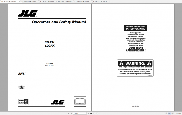 JLG Boom Lift 120HX Operation Service Parts Manuals 1