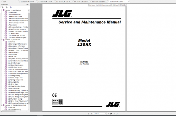 JLG Boom Lift 120HX Operation Service Parts Manuals 2