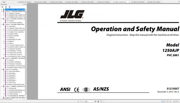 JLG Boom Lift 1250AJP Operation Service Parts Manuals 1