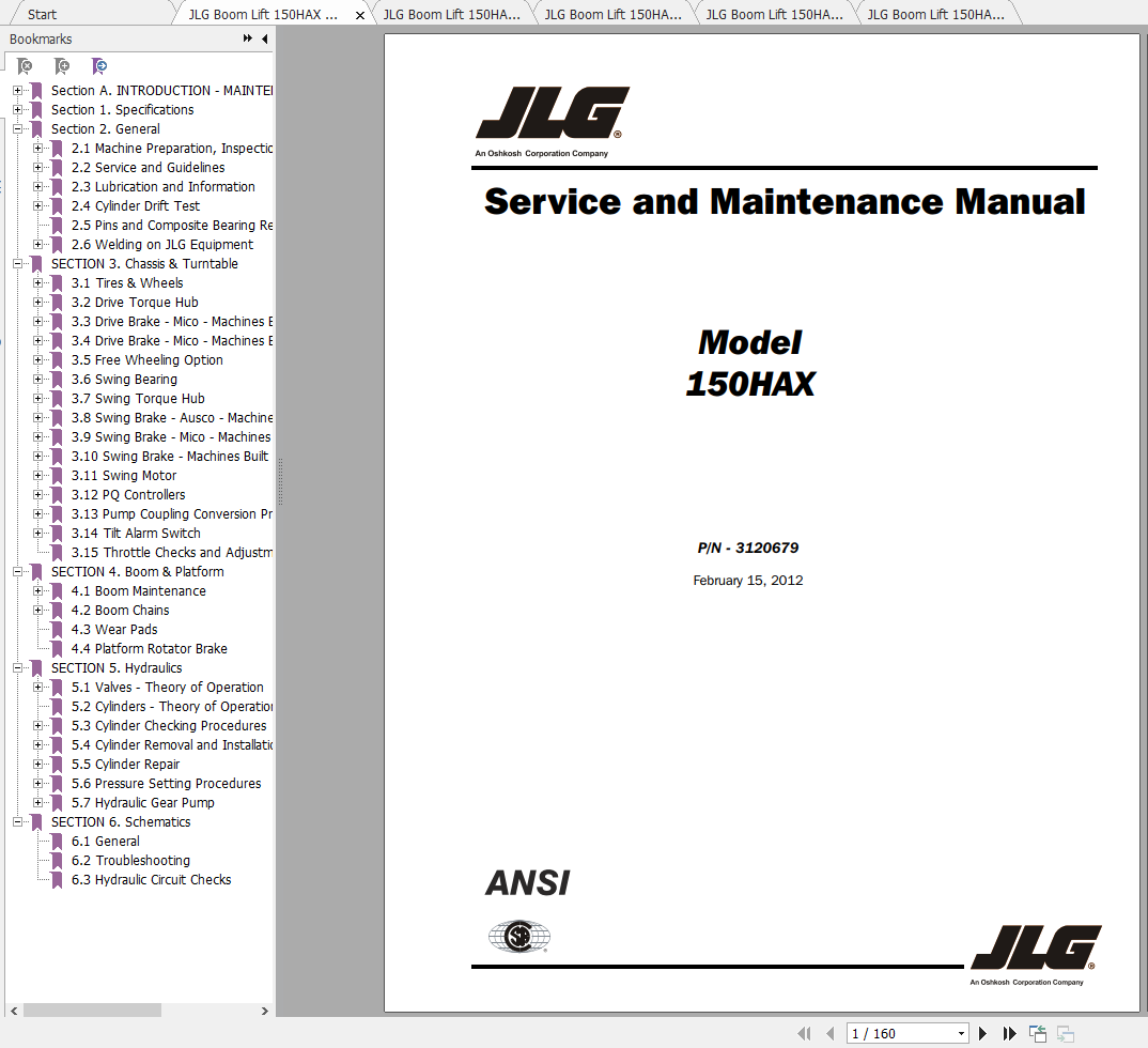 JLG Boom Lift 150HAX Operation Service Parts Manuals 1