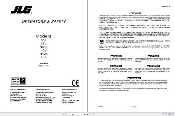 JLG Boom Lift 30354045E Operation Service Parts Manuals 2