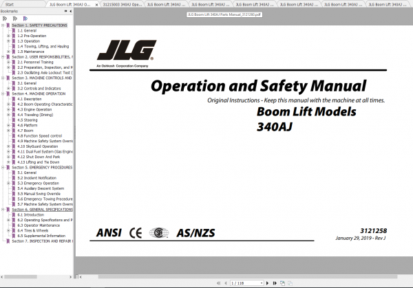 JLG Boom Lift 340AJ Operation Service Parts Manuals 1