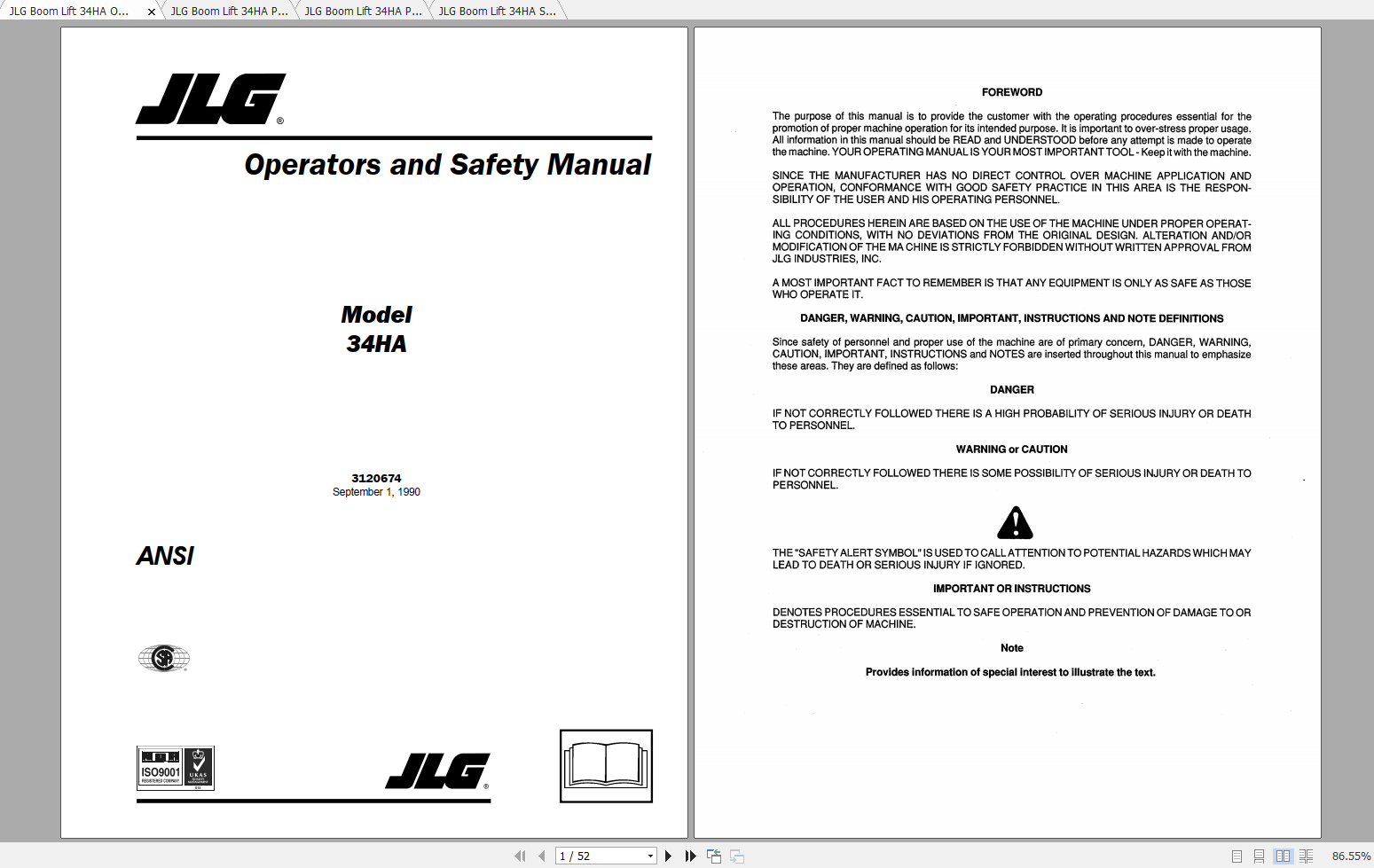 JLG Boom Lift 34HA Operation, Service & Parts Manuals