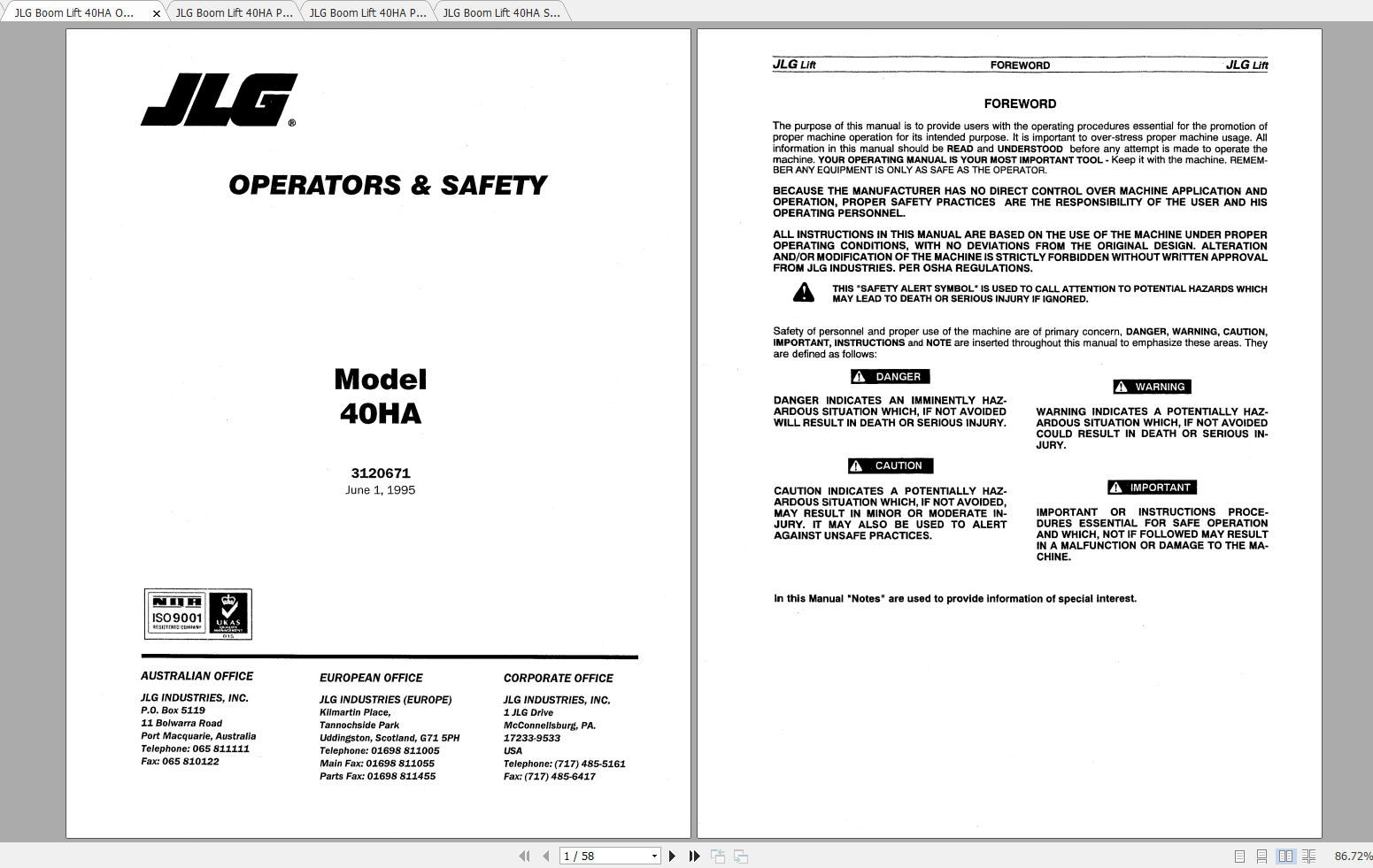 JLG Boom Lift 40HA Operation Service Parts Manuals 1