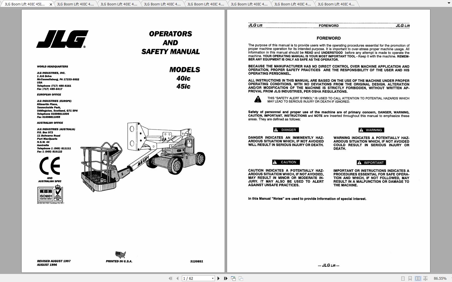 JLG Boom Lift 40IC 45IC Operation Service Parts Manuals 1