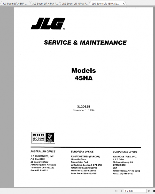 JLG Boom Lift 45HA Operation Service Parts Manuals 1