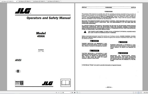 JLG Boom Lift 45HA Operation Service Parts Manuals 3