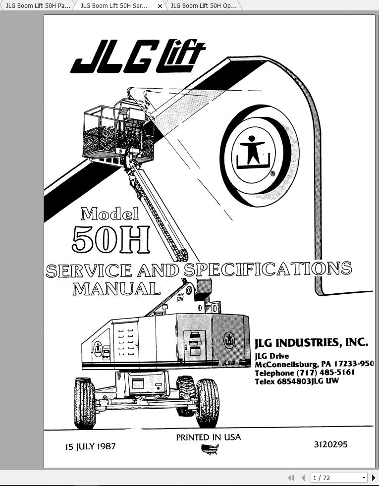 JLG Boom Lift 50H Operation, Service & Parts Manuals