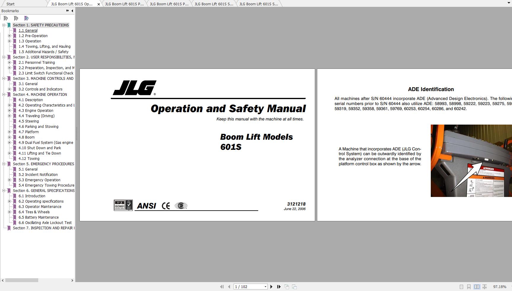 JLG Boom Lift 601S Operation Service Parts Manuals 1