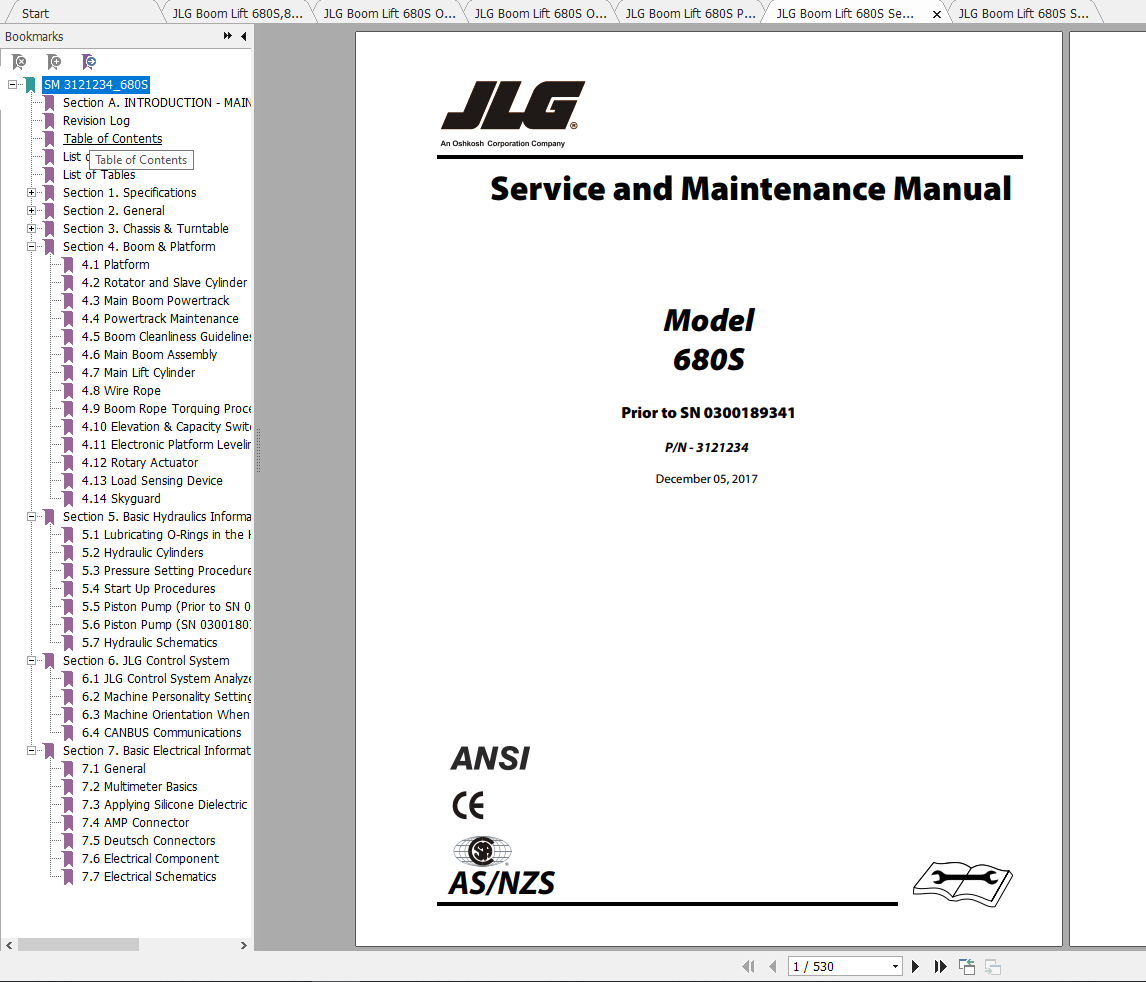 JLG Boom Lift 680S Operation, Service & Parts Manuals