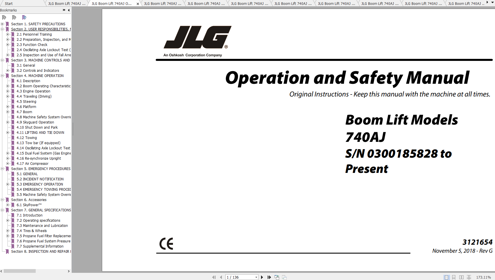 JLG Boom Lift 740AJ Operation Service Parts Manuals 1
