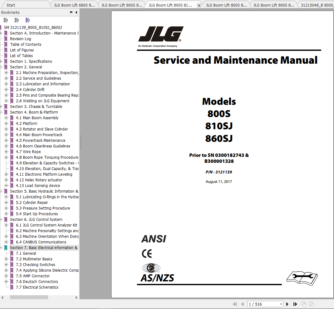 JLG Boom Lift 800S 810SJ 860SJ Operation Service Parts Manuals 1