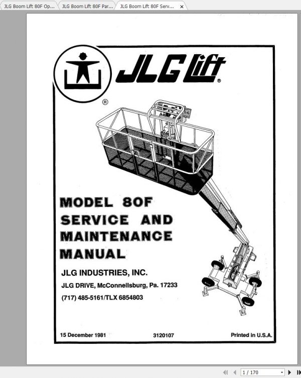 JLG Boom Lift 80F Operation Service Parts Manuals 1
