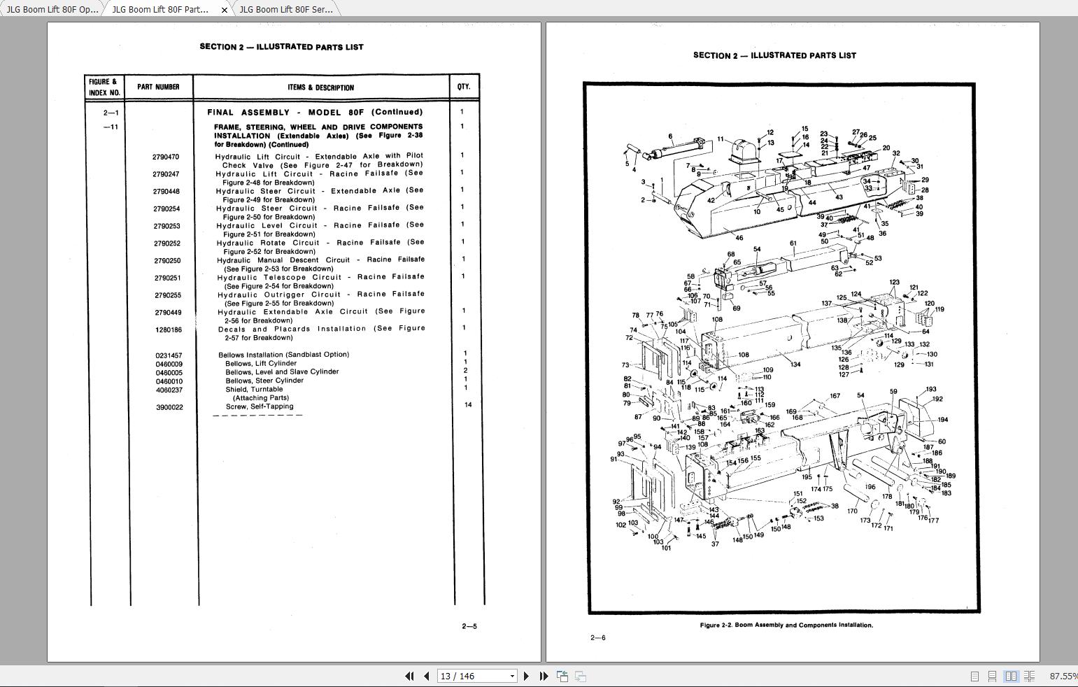 JLG Boom Lift 80F Operation, Service & Parts Manuals