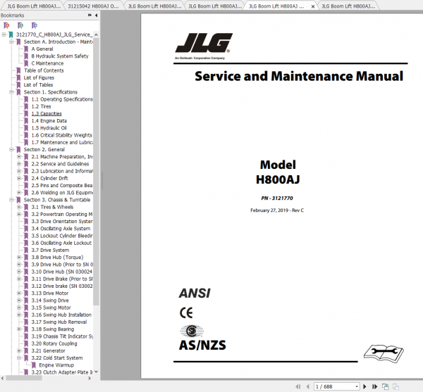 JLG Boom Lift H800AJ Operation Service Parts Manuals 1
