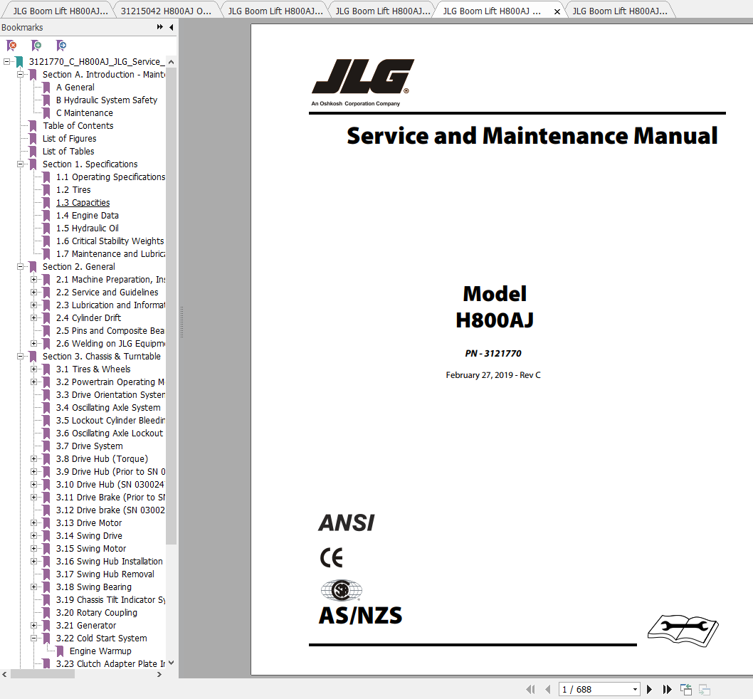 JLG Boom Lift H800AJ Operation Service Parts Manuals 1