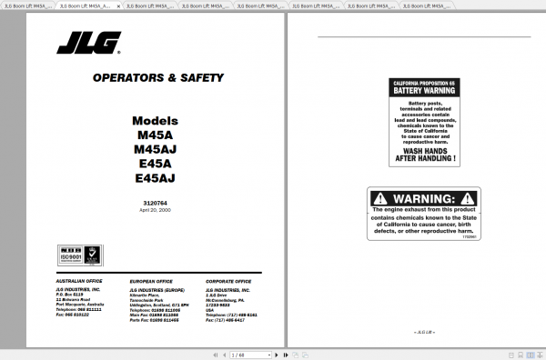 JLG Boom Lift M45A M45AJ E45A E45AJ Operation Service Parts Manuals 2