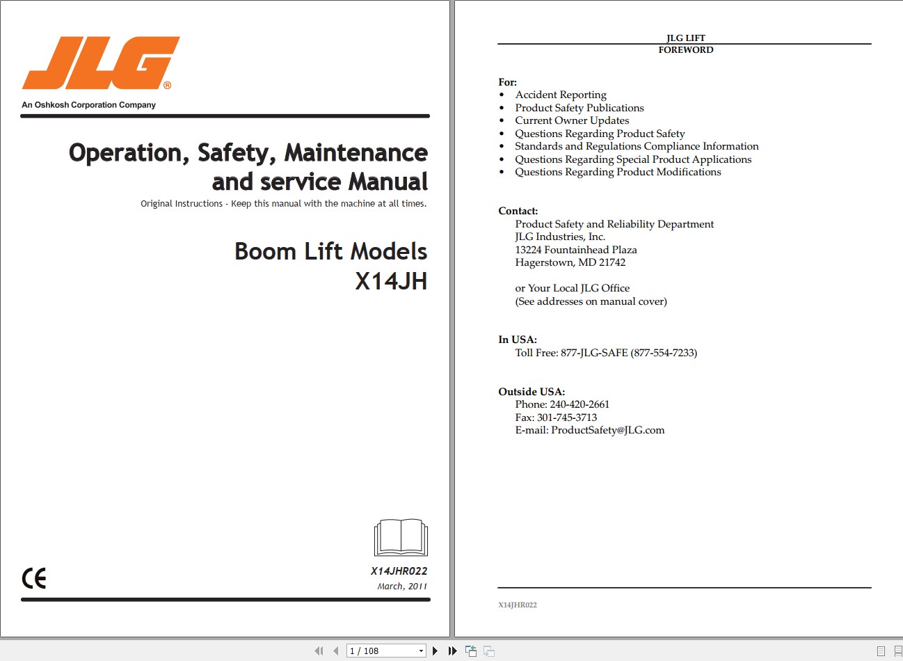 JLG Compact Crawler Boom X14JH Operation Service Manuals 1