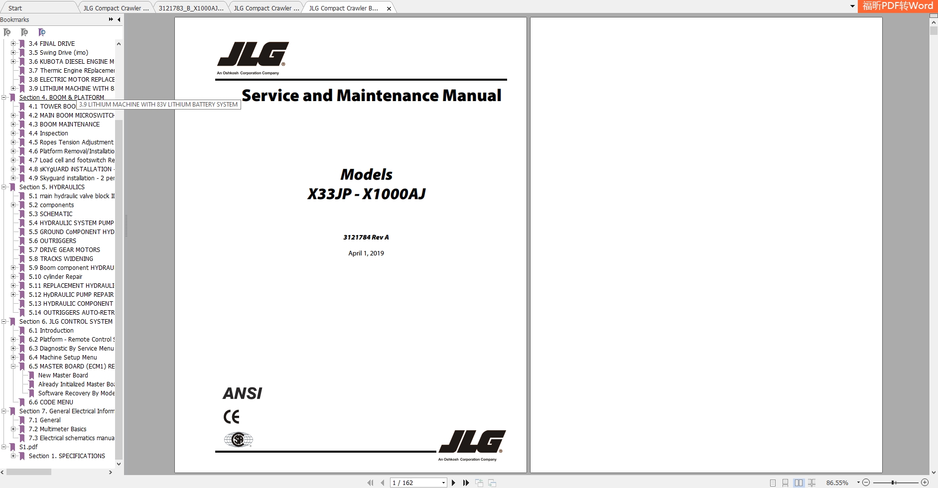 JLG Compact Crawler Boom X33JP X1000AJ Operation Service Parts Manuals 1