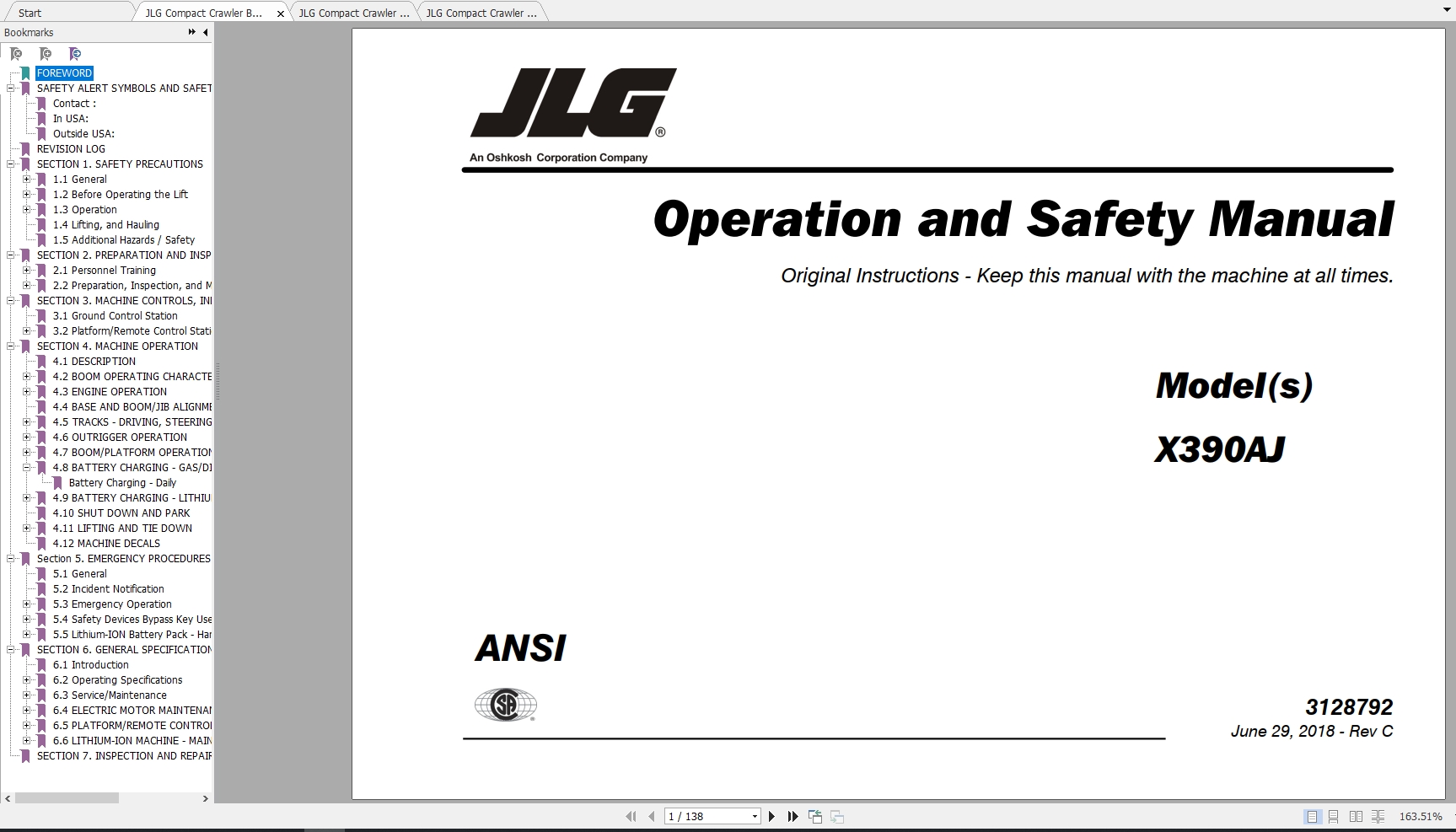 JLG Compact Crawler Boom X390AJ Operation Service Parts Manuals 1