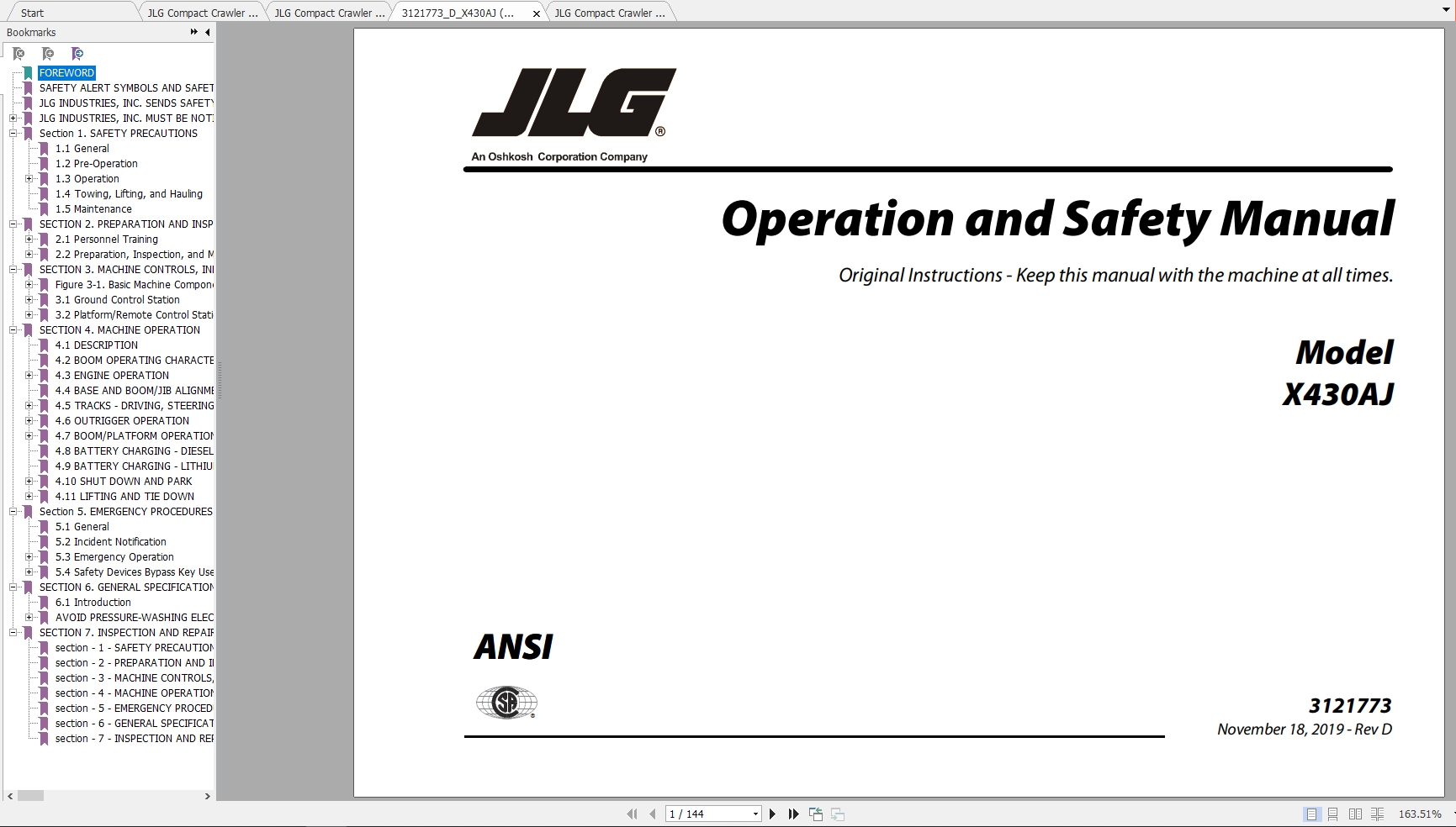 JLG Compact Crawler Boom X430AJ Operation Service Parts Manuals 1