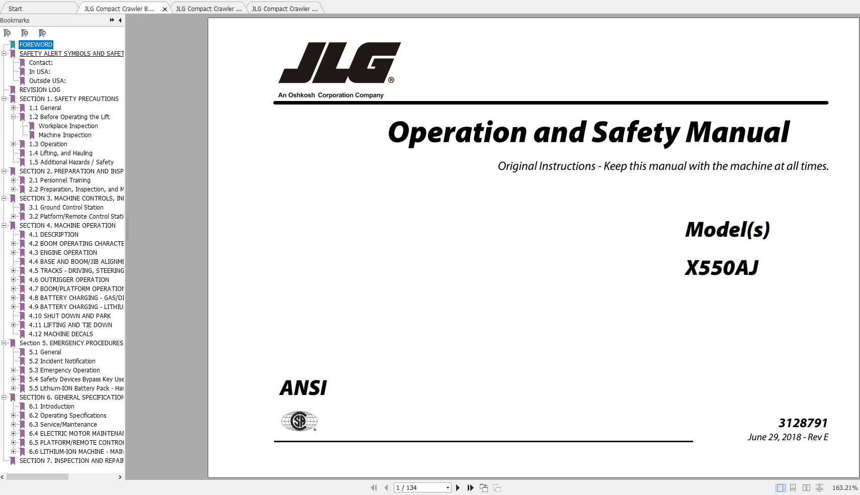 JLG Compact Crawler Boom X550AJ Operation Service Parts Manuals 1