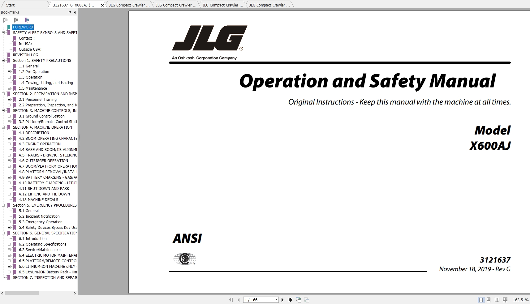 JLG Compact Crawler Boom X600AJ Operation Service Parts Manuals 1