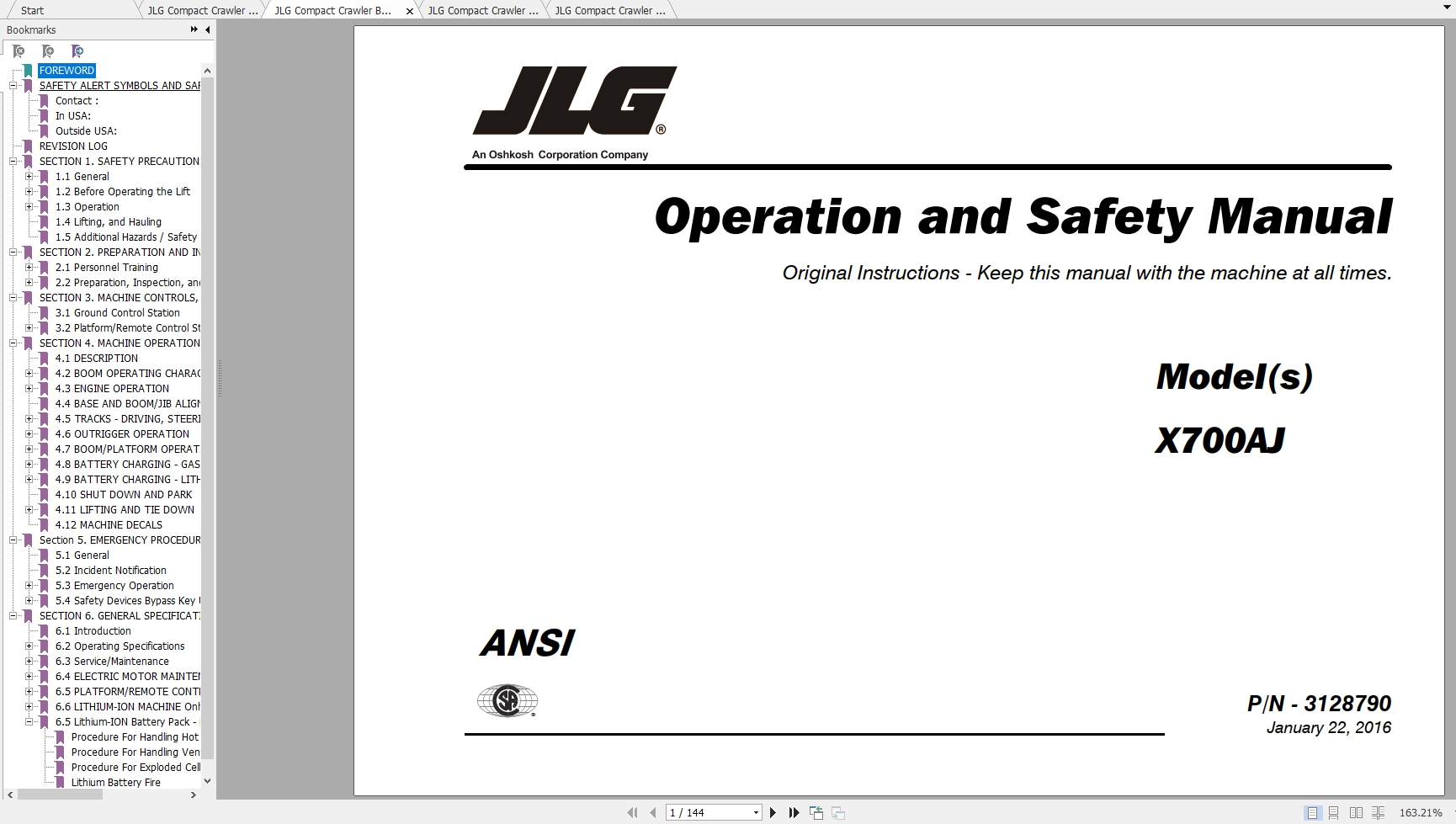 JLG Compact Crawler Boom X700AJ Operation Service Parts Manuals 1