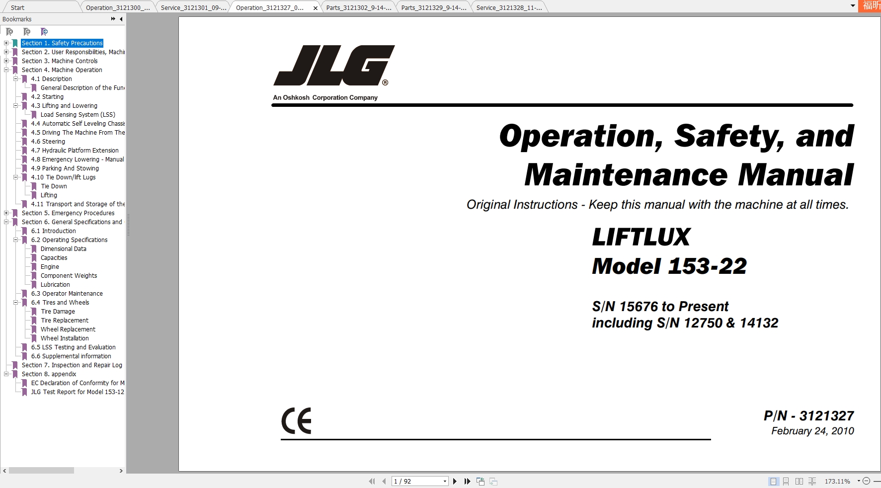 JLG Liftlux 153 22 Operators Service Parts Manuals 1
