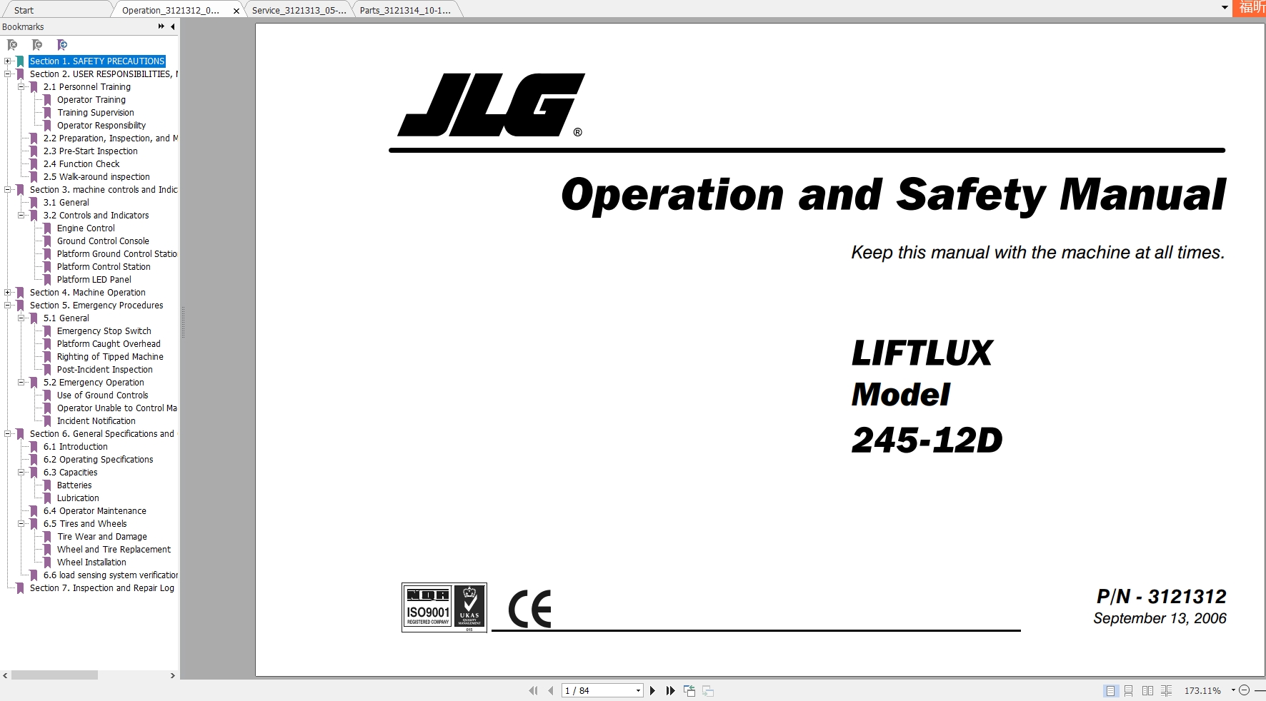 JLG Liftlux 245 12 Operators Service Parts Manuals 1N6rPn