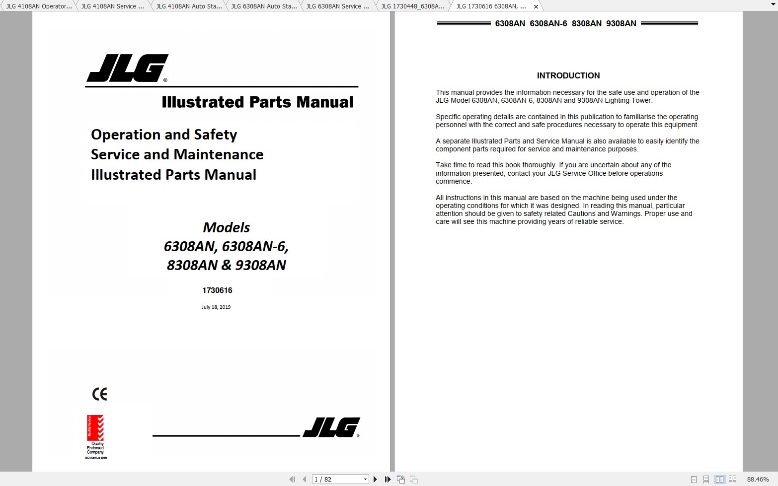 JLG Light Towers AN Series Operation Service Parts Manuals 1