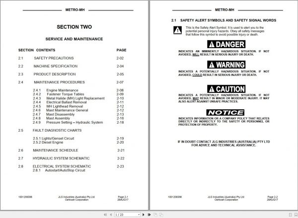 JLG Light Towers Metro MH Operation Service Parts Manuals1001206598 2