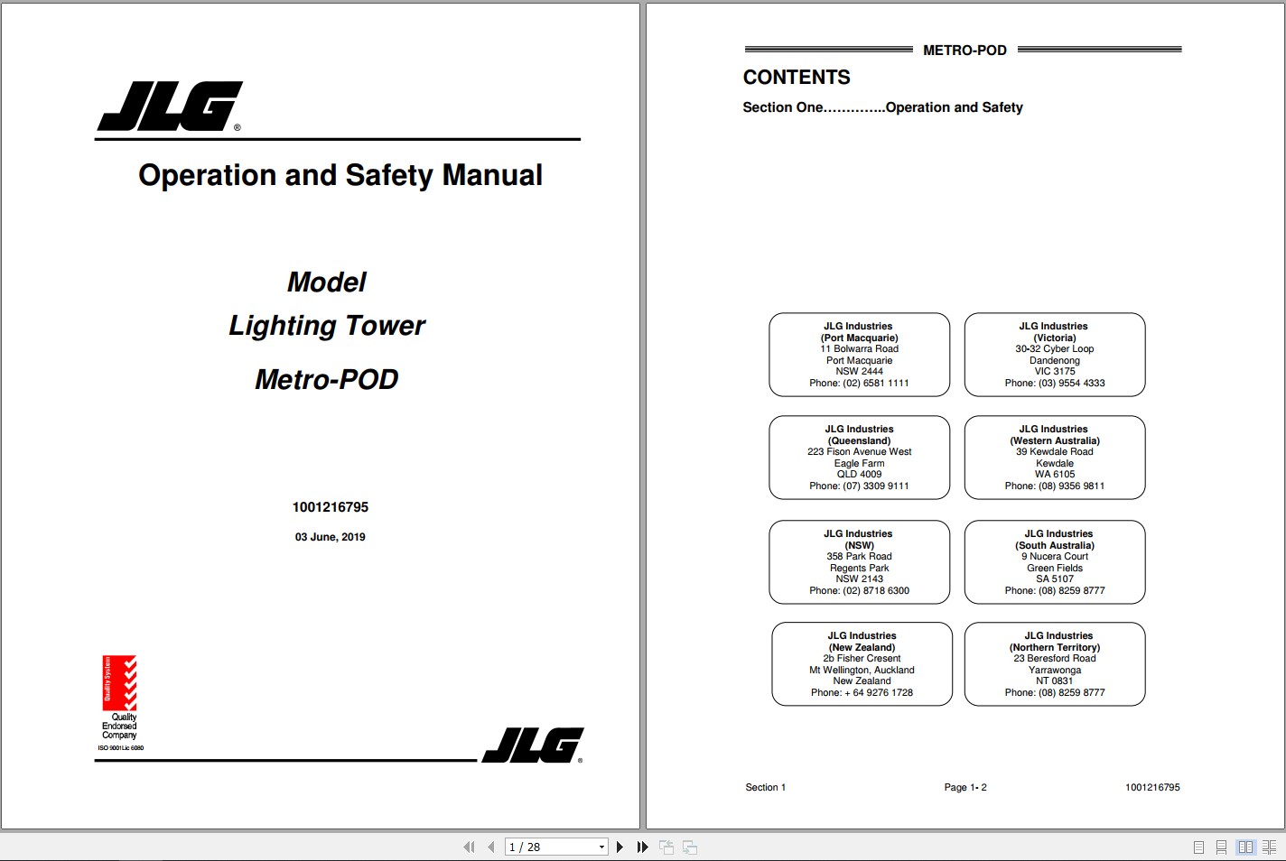JLG Light Towers Metro POD Operation Service Parts Manuals1001216795 1