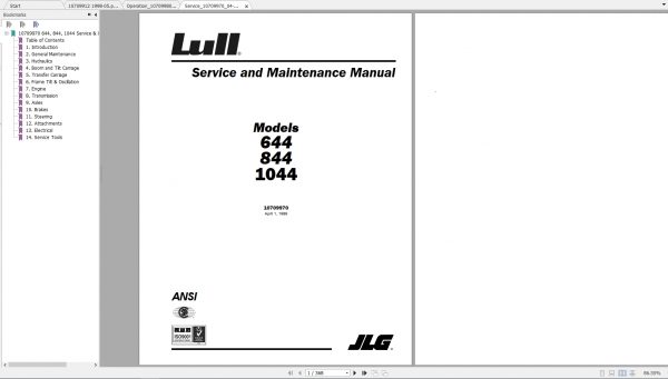 JLG Lull TeleHandler 1044 Operators Service Parts Manual 1