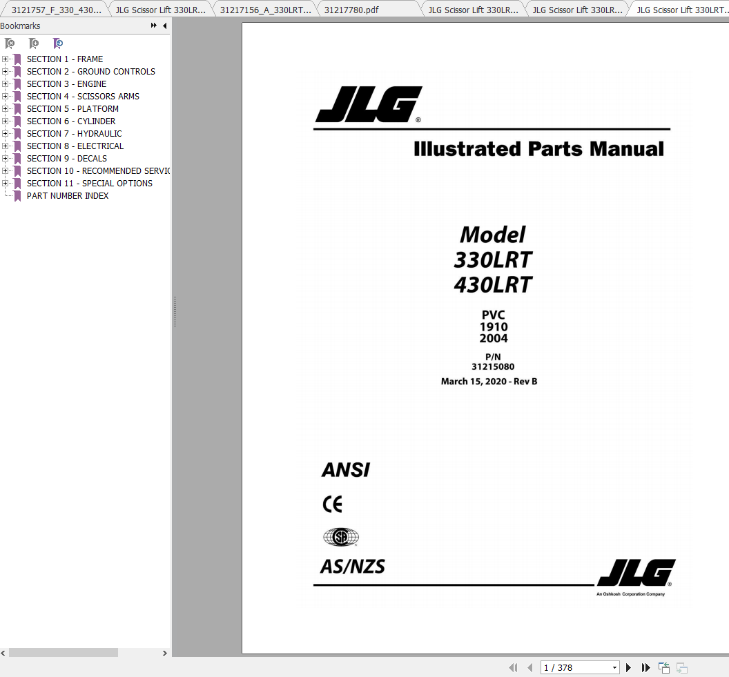 JLG Scissor Lift 330LRT 430LRT Operation Service Parts Manuals 1