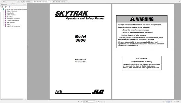 JLG SkyTrak TeleHandler 3606 Operators Parts Manuals 1