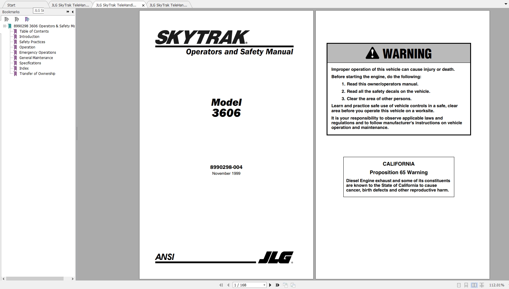 JLG SkyTrak TeleHandler 3606 Operators Parts Manuals 1