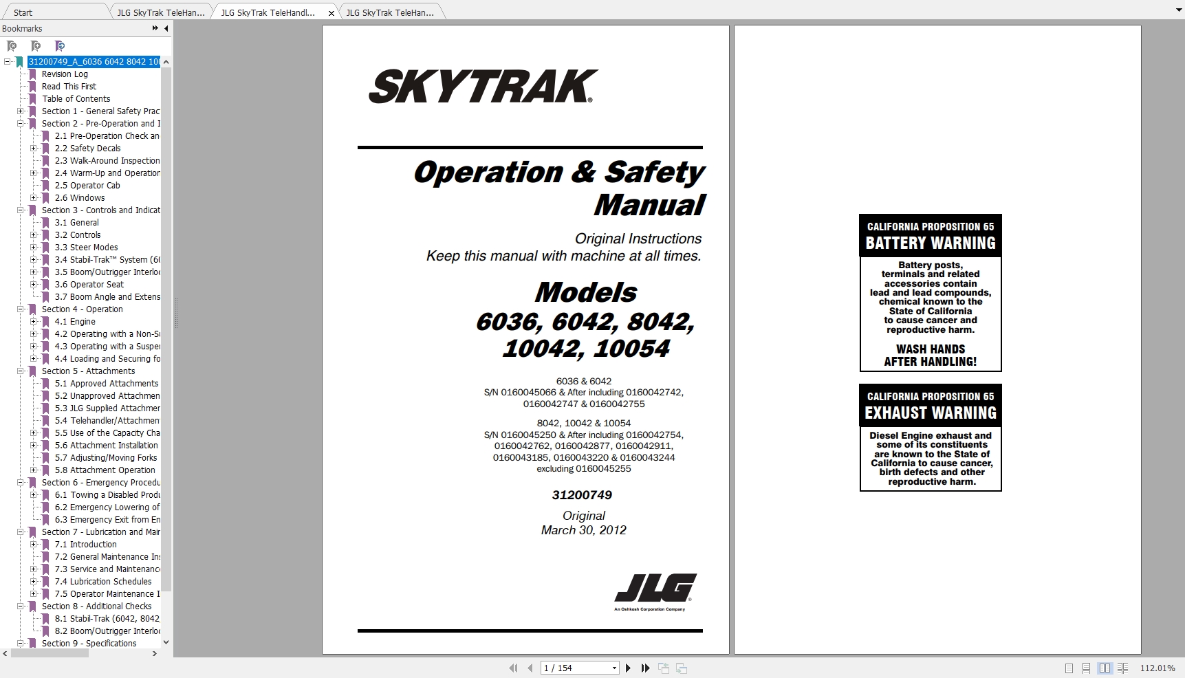 JLG SkyTrak TeleHandler 6042 Operation Service Parts Manuals 1