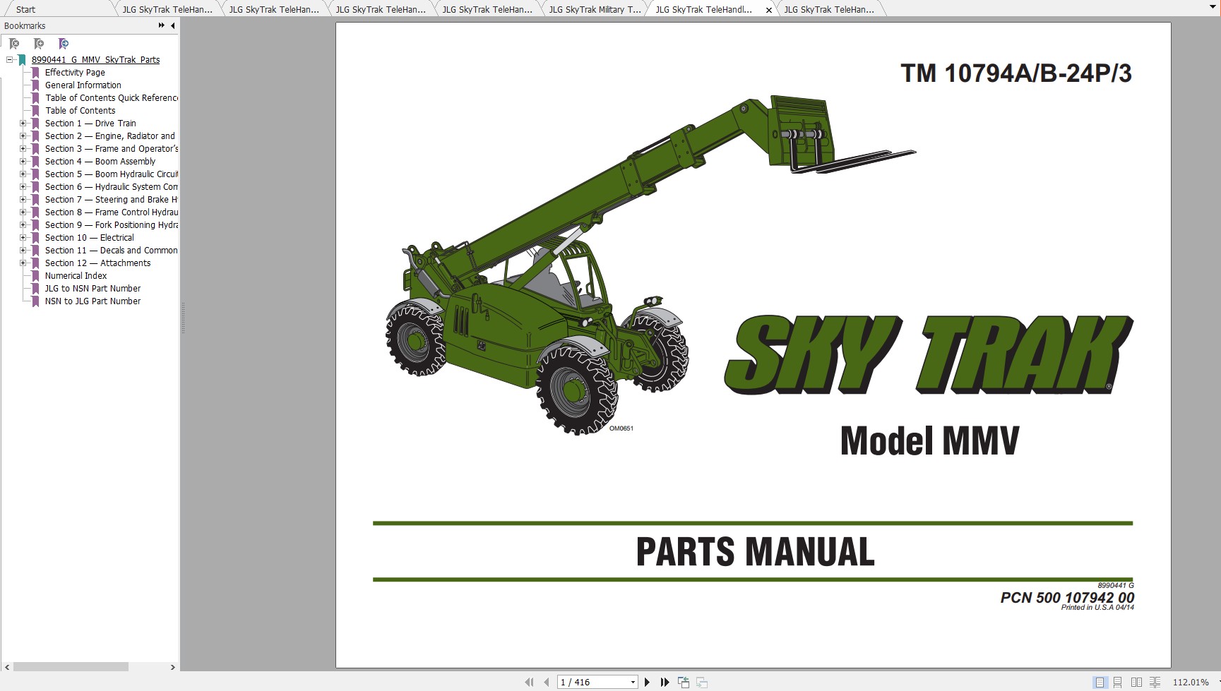 JLG SkyTrak TeleHandler MMV Operation Service Parts Manuals 1