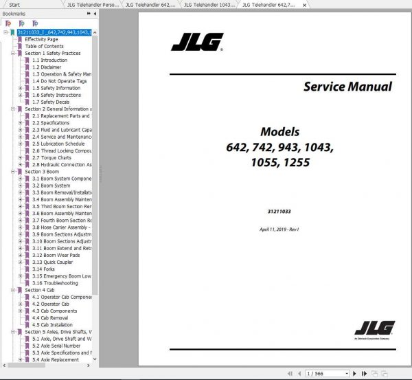 JLG Telehandler 1043 Operation Service Parts Manuals 2
