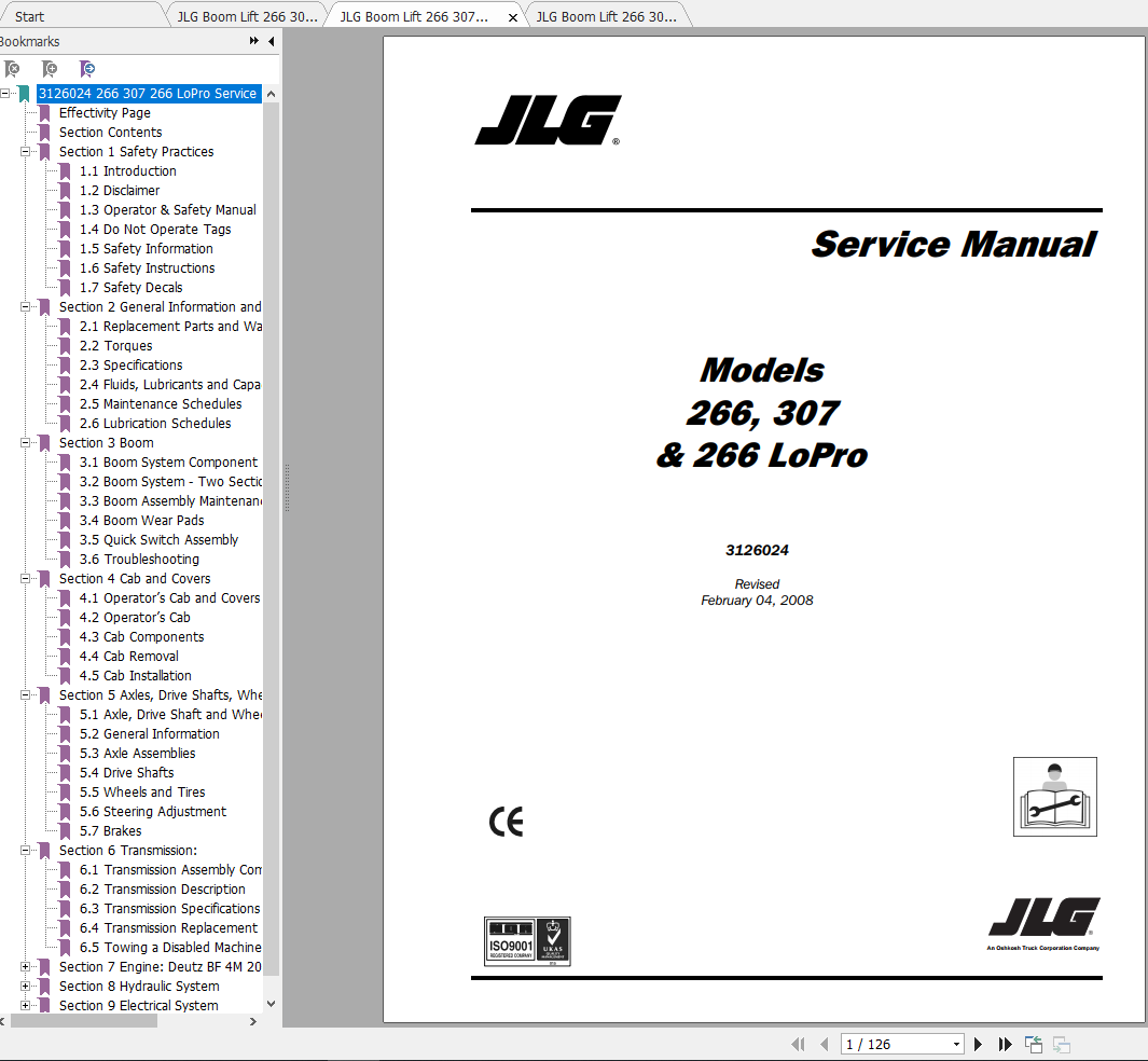 JLG Telehandler 266 307 266 LoPro Operation Service Parts Manuals 1