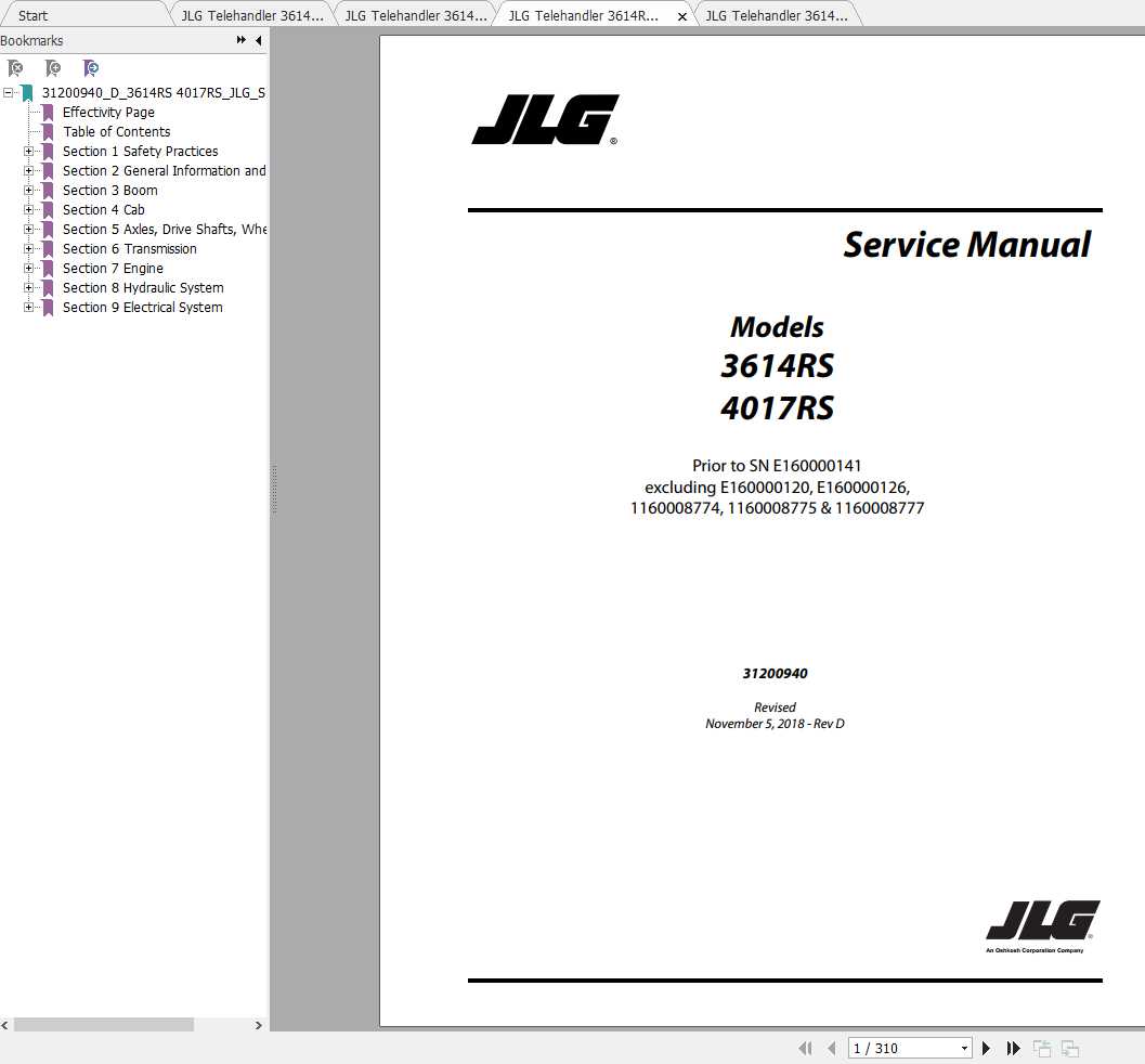 JLG Telehandler 3614RS 4017RS Operation Service Parts Manuals 1