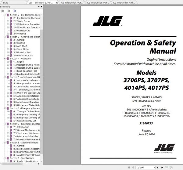 JLG Telehandler 3706PS3707PS4014PS4017PS Operation Service Parts Manuals 1